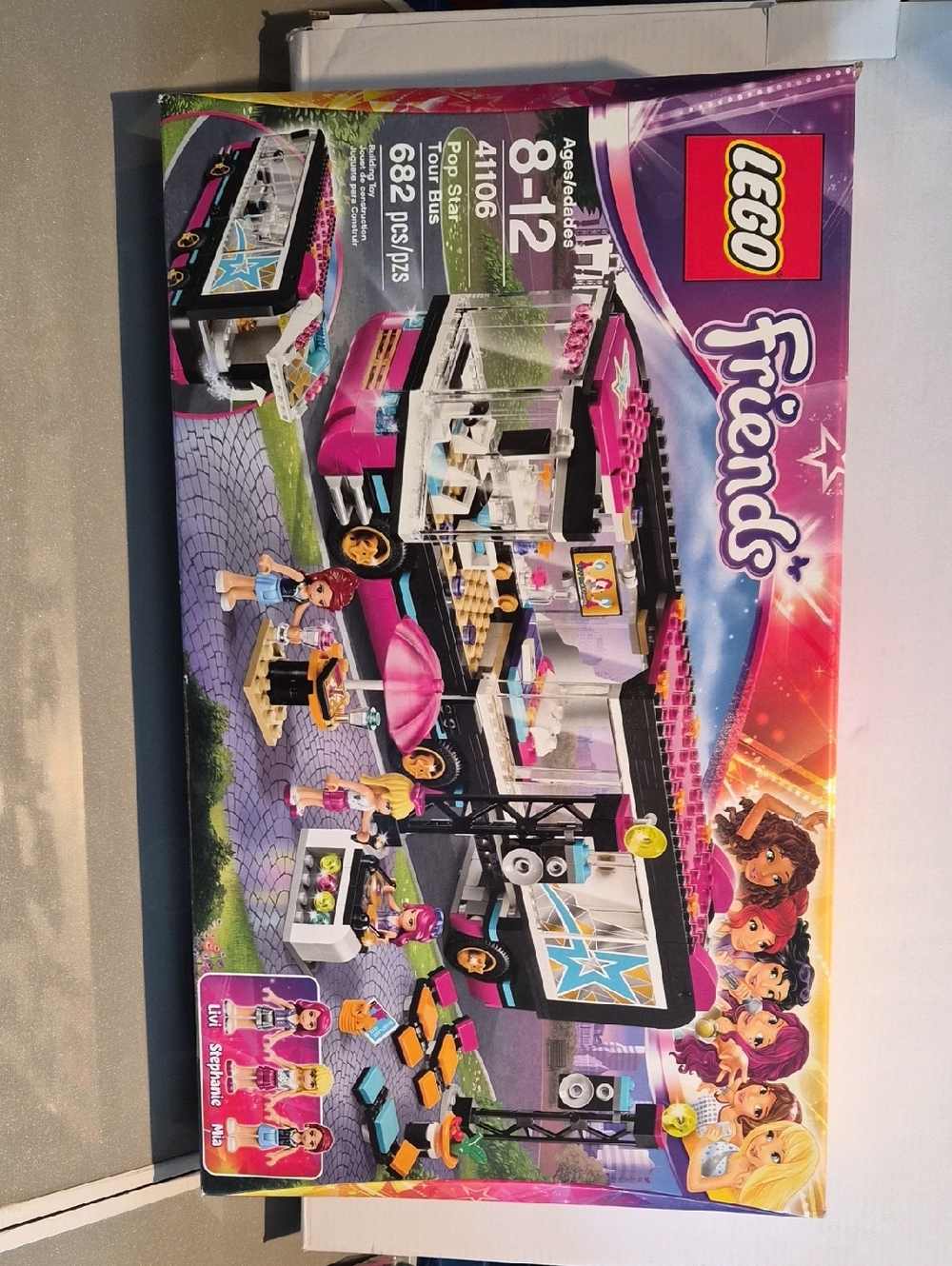 LEGO Friends Pink Black Pop Star Tour Bus Playset Boxed Art